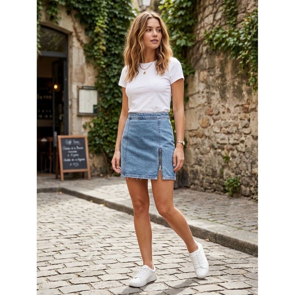We The Free People Denim Mini Skirt Blue High Waist Zipper Slit Size 10